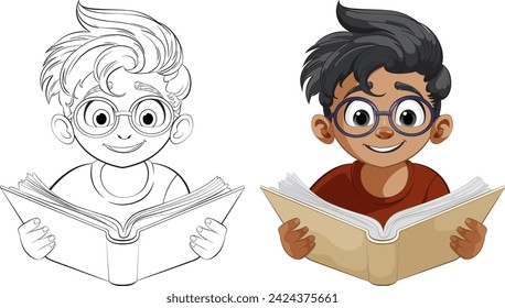 Two cartoon children happily reading open books