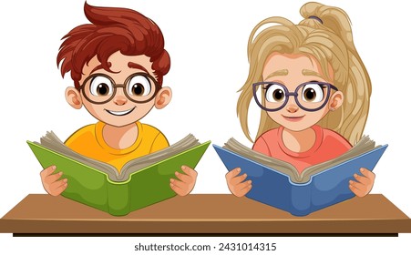 Dos niños de dibujos animados leyendo libros en una mesa