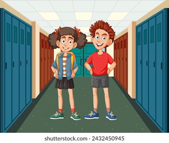 Two cartoon children smiling in school corridor