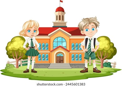 Dos niños de dibujos animados parados frente a una escuela.