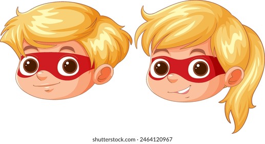 Two cartoon children wearing red superhero masks