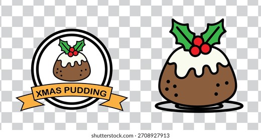 Duas ilustrações de pudim de Natal de desenho animado, um com um banner e o outro em um prato, ambos decorados com azevinho e bagas.