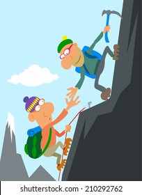 Two cartoon climber climbing a peak.