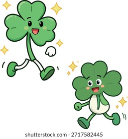 Dos personajes de trébol de dibujos animados con caras felices corriendo y brillando, celebrando el Día de San Patricio con alegría y suerte.
