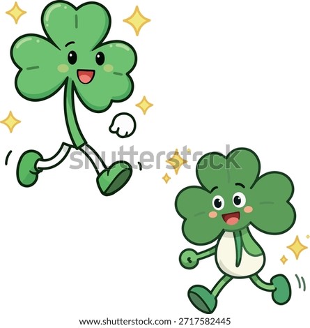 Two cartoon clover characters with happy faces running and sparkling, celebrating St. Patrick's Day with joy and luck.

