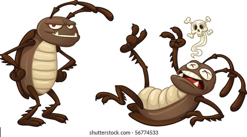Two cartoon cockroaches, one alive and one dead. Vector illustration with simple gradients. Both characters on separate layers for easy editing.