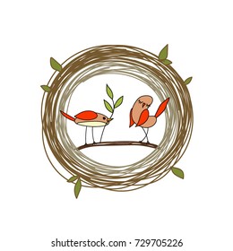 Two cartoon colorful little birds in the nest. A bird with a twig and flirty birdy. Decorative color illustration