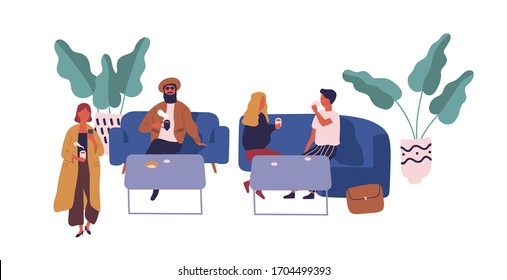 Two cartoon couple drinking coffee sit at table on food court isolated on white. Colorful people relax on couch with food and drink vector flat illustration. Male and female spending time together