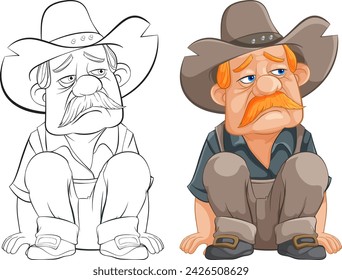 Two cartoon cowboys with somber expressions sitting.