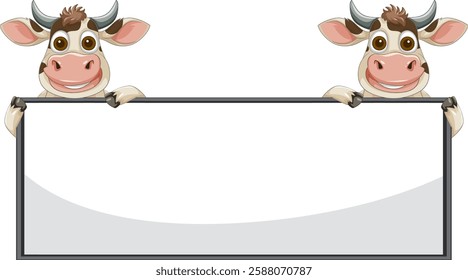 Two cartoon cows holding a blank rectangular sign