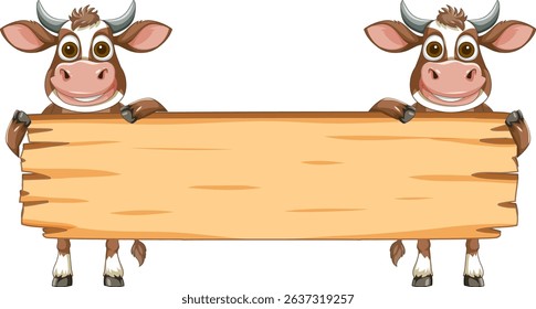 Two cartoon cows holding a blank wooden sign