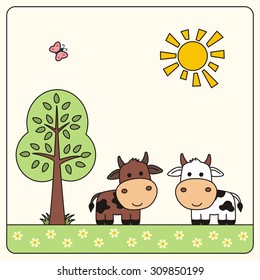 Two cartoon cows on meadow.