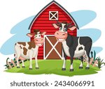 Two cartoon cows standing by a barn