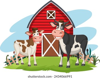 Two cartoon cows standing by a barn