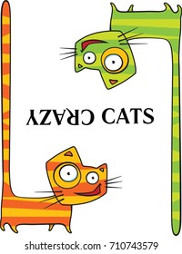 Two cartoon crazy cats with long tails in air. 

