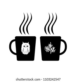 Two cartoon cups with hot drink. Hygge vector