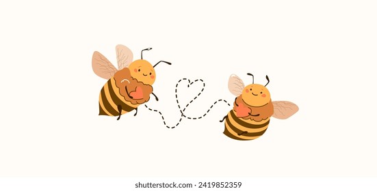 Dos adorables abejas que vuelan para encontrarse en el camino en forma de corazón. Bumble sosteniendo un corazón en sus manos. Ilustración vectorial abeja se enamora.