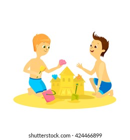 Two cartoon cute boys making sand castle. Vector illustration of fun kids playing on summer beach. Kids in swimwear and sand castle. Summer friends. Happy children playing near sea.