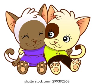 Two cartoon cute cheerful kittens are embracing.