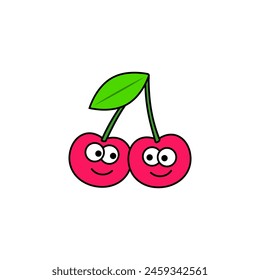 Two cartoon cute cherry with faces together. Vector illustration on white background. 