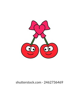 Dos dibujos animados linda cereza con caras junto con lazo de cinta. Ilustración vectorial en color sobre fondo blanco. 