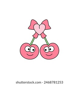 Two cartoon cute cherry with faces together with ribbon bow. Color vector illustration on white background. 