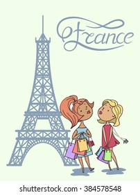 Two cartoon cute girl with shopping bags in the background of the Eiffel Tower and inscription France