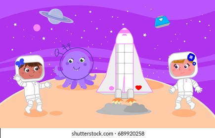 Two cartoon cute girls astronauts on the moon, vector illustration
