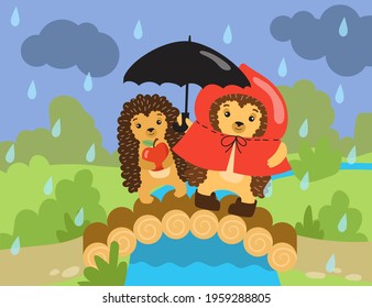 Two cartoon cute hedgehogs standing on bridge in rain. Flat vector illustration. Hedgehogs holding umbrella and apple, hiding from rain in wild nature. Wild animal, nature, weather, fairytale concept