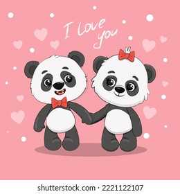 Two cartoon cute pandas hold hands isolated on a pink background. Love greeting card for Valentines day.Panda with hearts. Vector illustration