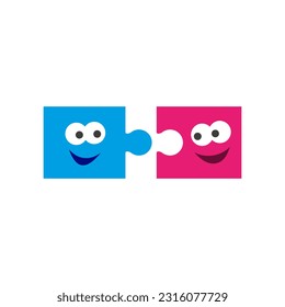 Two cartoon cute puzzle pieces with funny faces.