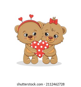 Two cartoon cute teddy bears holding a big red heart.Valentine's day card.Vector illustration