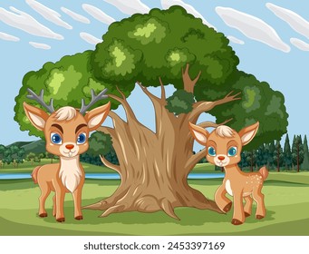 Zwei Comic-Hirsche, die an einem großen Baum stehen