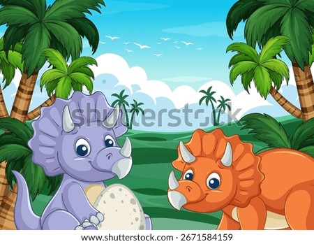 Two cartoon dinosaurs play together in a colorful jungle with palm trees and bright sky.