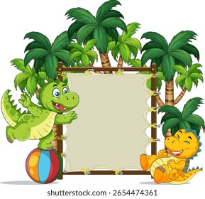 Two cartoon dinosaurs in a vibrant tropical setting with palm trees and a blank frame, perfect for children's themes