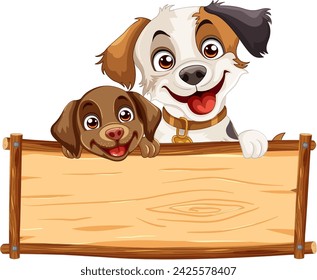 Dos perros de dibujos animados sosteniendo un cartel de madera en blanco.