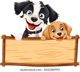 Dos perros de dibujos animados sosteniendo un cartel de madera en blanco.