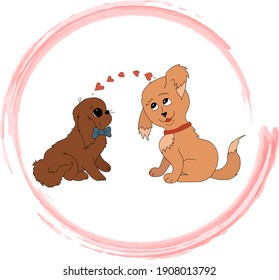 Dos perros de caricatura enamorados en círculo. Feliz Día de San Valentín vectorial de la tarjeta de saludo. 