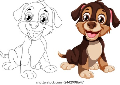 Dos perros de dibujos animados, uno de colores y una línea de arte.