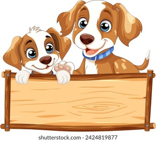 Two cartoon dogs peeking over a blank sign