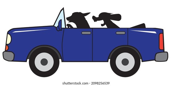 Two cartoon dogs in silhouette are taking a spin in a convertible