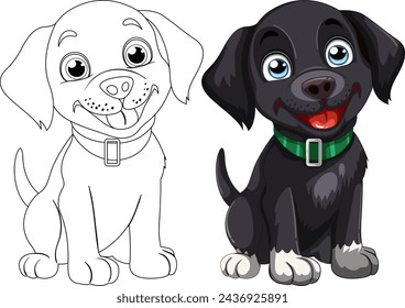 Dos perros de dibujos animados sonriendo con collares de colores