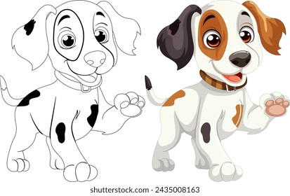 Dos perros de dibujos animados sonriendo, uno coloreado y otro delineado.