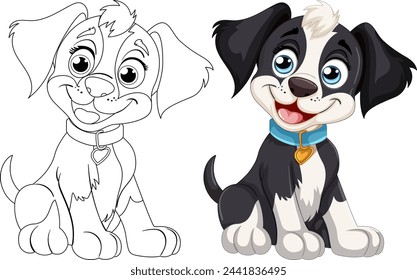 Dos perros de dibujos animados sonriendo, uno coloreado y otro delineado.