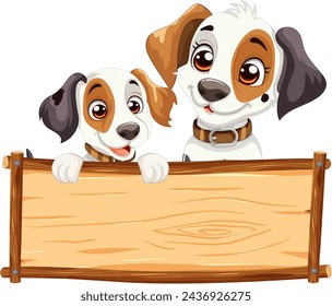 Dos perros de dibujos animados con una pancarta de madera.