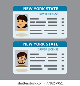 Two cartoon driver license with male and female photo,flat vector illustration