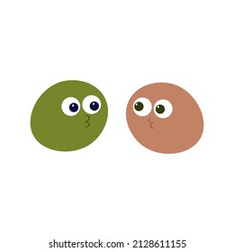 Two cartoon droplets of green and pink and beige who want to kiss 