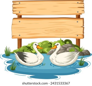Two cartoon ducks near a blank wooden sign.