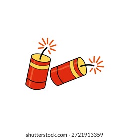 Dois bastões de dinamite de desenho animado, vermelho com listras amarelas, um na vertical, um inclinado. Fusíveis acesos com faíscas. Ilustração vetorial simples e plana em branco. Festivo, explosivo.