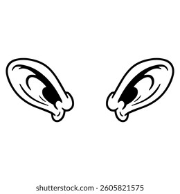 Two cartoon ears, outlined in black with detailed inner ear depiction